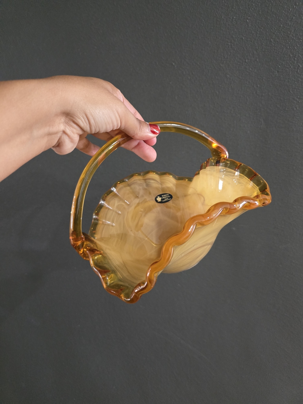 White Cristal Handblown In Italy. Amber Glass Basket with Ruffled Edge